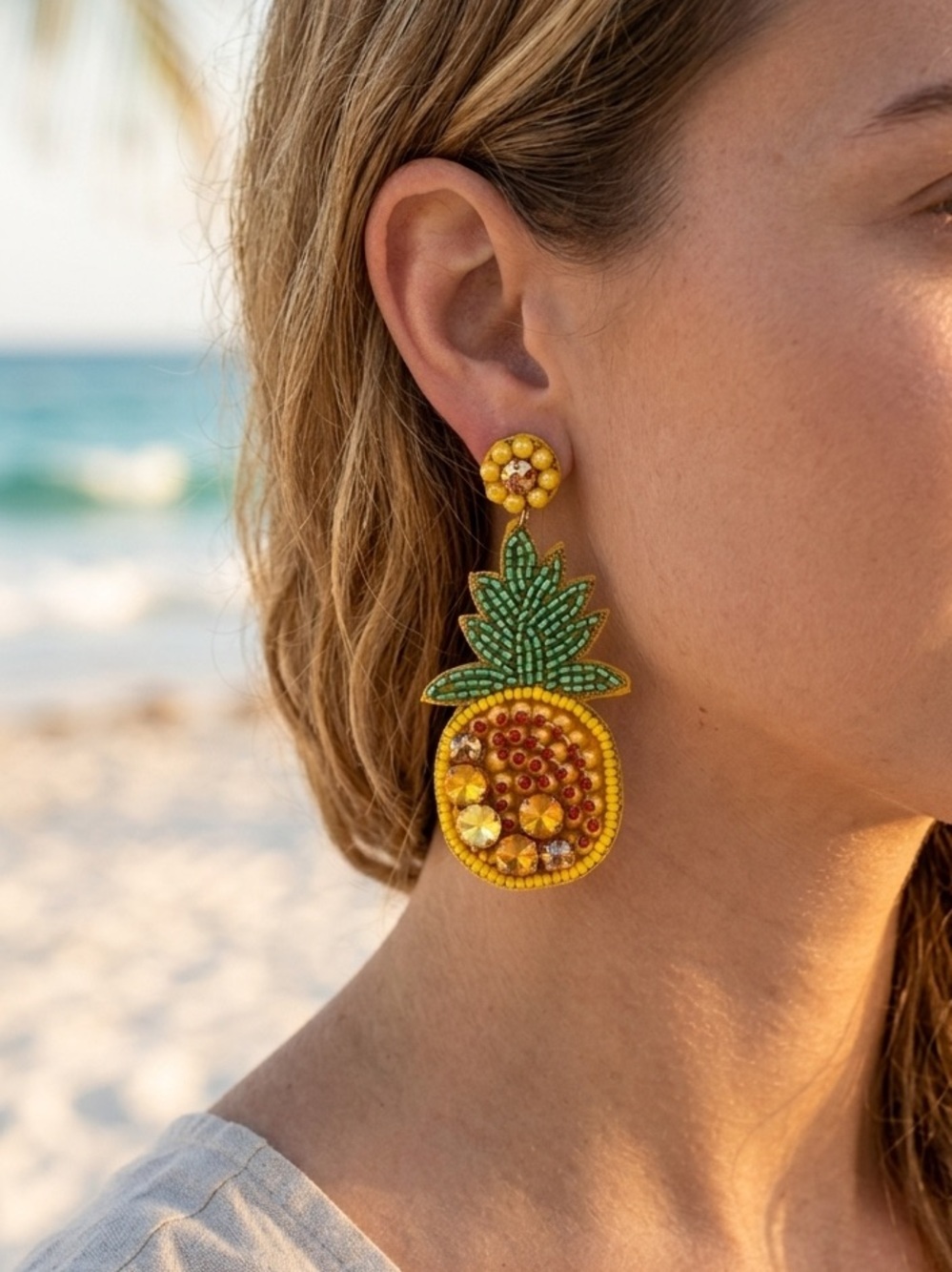 Beaded Yellow Pineapple Drop Earrings - Women Jewelry